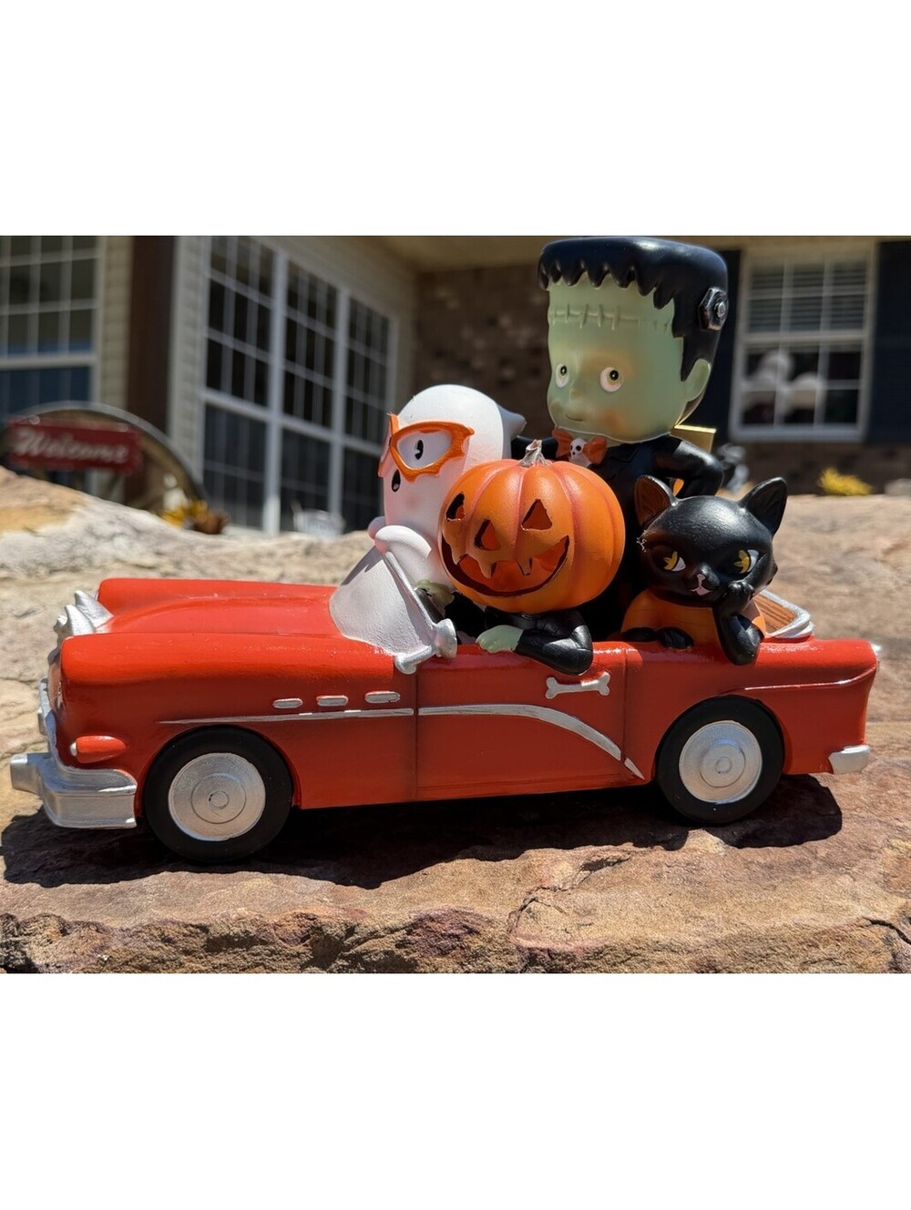 Ghoulish Lighted Halloween Red Car Figurine Frankenstein Ghost Pumpkin Cat New